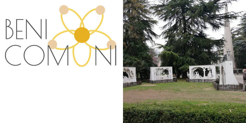 scorcio sui giardini di piazza Venezia con installazione di pannelli per il giardino incantato scorcio sui giardini di piazza Venezia con installazione di pannelli per il giardino incantato