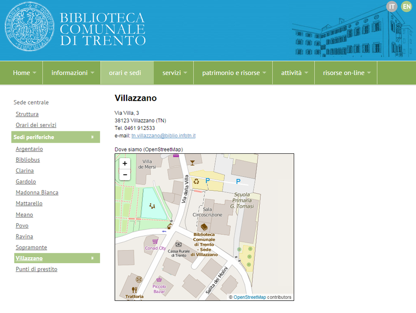 Videata sito Biblioteca comunale con informazioni biblioteca Villazzano Videata sito Biblioteca comunale con informazioni biblioteca Villazzano
